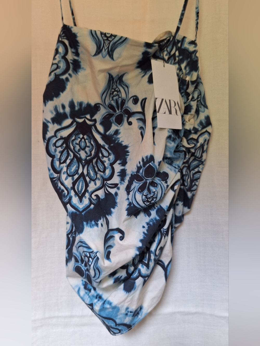 ZARA NWT Blue & White Print Cami Top Size Large Adjustable Straps